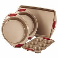 Rachael Ray Cucina 4-Piece Bakeware Set, Latte Brown with Agave Blue Handle Grips N5