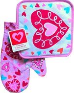 Valentines Day Pink Cute Bakeware Gift Pot Holder &amp; Oven Mitt Set (heart design#2)
