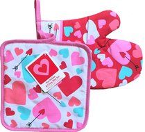 Valentines Day Pink Cute Bakeware Gift Pot Holder &amp; Oven Mitt Set (heart design#2) N2