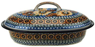 Ceramika Artystyczna Polish Hand Painted Oval Covered Baking Dish 10" x 7.25" x 4.25" (Brown and Yellow Flowers)