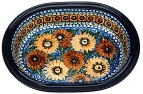 Ceramika Artystyczna Polish Hand Painted Oval Covered Baking Dish 10" x 7.25" x 4.25" (Brown and Yellow Flowers) N2