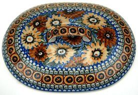 Ceramika Artystyczna Polish Hand Painted Oval Covered Baking Dish 10" x 7.25" x 4.25" (Brown and Yellow Flowers) N3