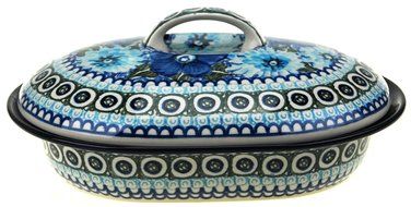 Ceramika Artystyczna Polish Hand Painted Oval Covered Baking Dish 10" x 7.25" x 4.25" (Brown and Yellow Flowers) N4