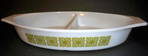 Vintage Pyrex Divided Casserole Dish Verde / Square Flowers Design 1 1/2 Qt. No Lid N2