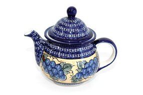 Polish Pottery Grapes Large Teapot with Cobalt Rim