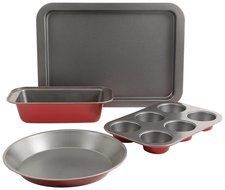 Sunbeam Gibson Home Sunbeam Confection Non-Stick 4 Piece Bakeware Set, Red