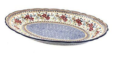 Polish Pottery Red Daisy Large Scallop Serving Platter