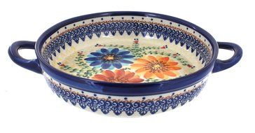 Polish Pottery Autumn Burst Small Round Baker with Handles