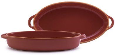 Cherry Red Glazed Terracotta Ceramic Oval Casserole, 13"Lx7.5"Wx2"H