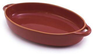 Cherry Red Glazed Terracotta Ceramic Oval Casserole, 13"Lx7.5"Wx2"H N2