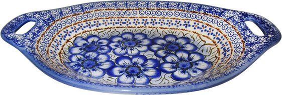 Boleslawiec Stoneware - Polish Pottery Serving or Baking Dish with Handles - Eva's Collection "Blue Garden" N2