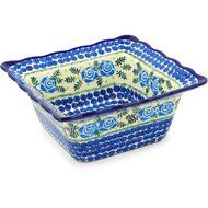 Polish Pottery Square Bowl 9-inch Lady Blue Roses UNIKAT