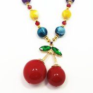 QTMY Cherry bead Choker Necklace long Chain Bohemian Jewelry with Pendant for teen girls