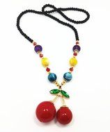 QTMY Cherry bead Choker Necklace long Chain Bohemian Jewelry with Pendant for teen girls N2