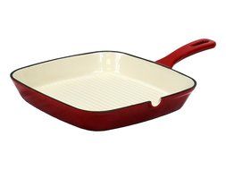 Field Chef Red 10.75&rdquo; Square Enameled Cast Iron Grill Pan - Ribbed Bottom For Low Fat, Restaurant Quality Caramelized...