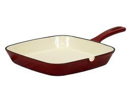 Field Chef Red 10.75&rdquo; Square Enameled Cast Iron Grill Pan - Ribbed Bottom For Low Fat, Restaurant Quality Caramelized... N2