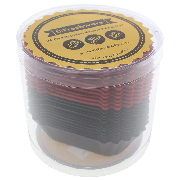 Freshware CB-321RB 24-Pack Silicone Jumbo Rectangle Round Reusable Cupcake and Muffin Baking Cup, Black and Red... N4