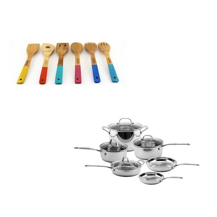 BergHOFF EarthChef Premium 16PC Copper Clad Ckwre Set W/Glass Lids ( Plus 6PC Bamboo Tool Set), Medium, Silver