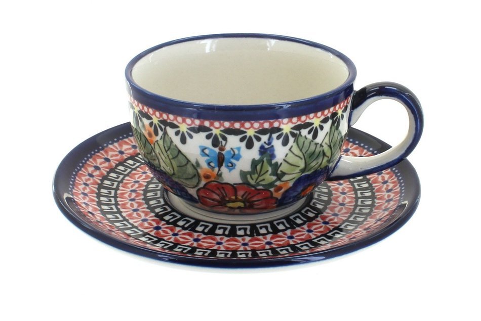 Polish Pottery Floral Butterfly Cup & Saucer