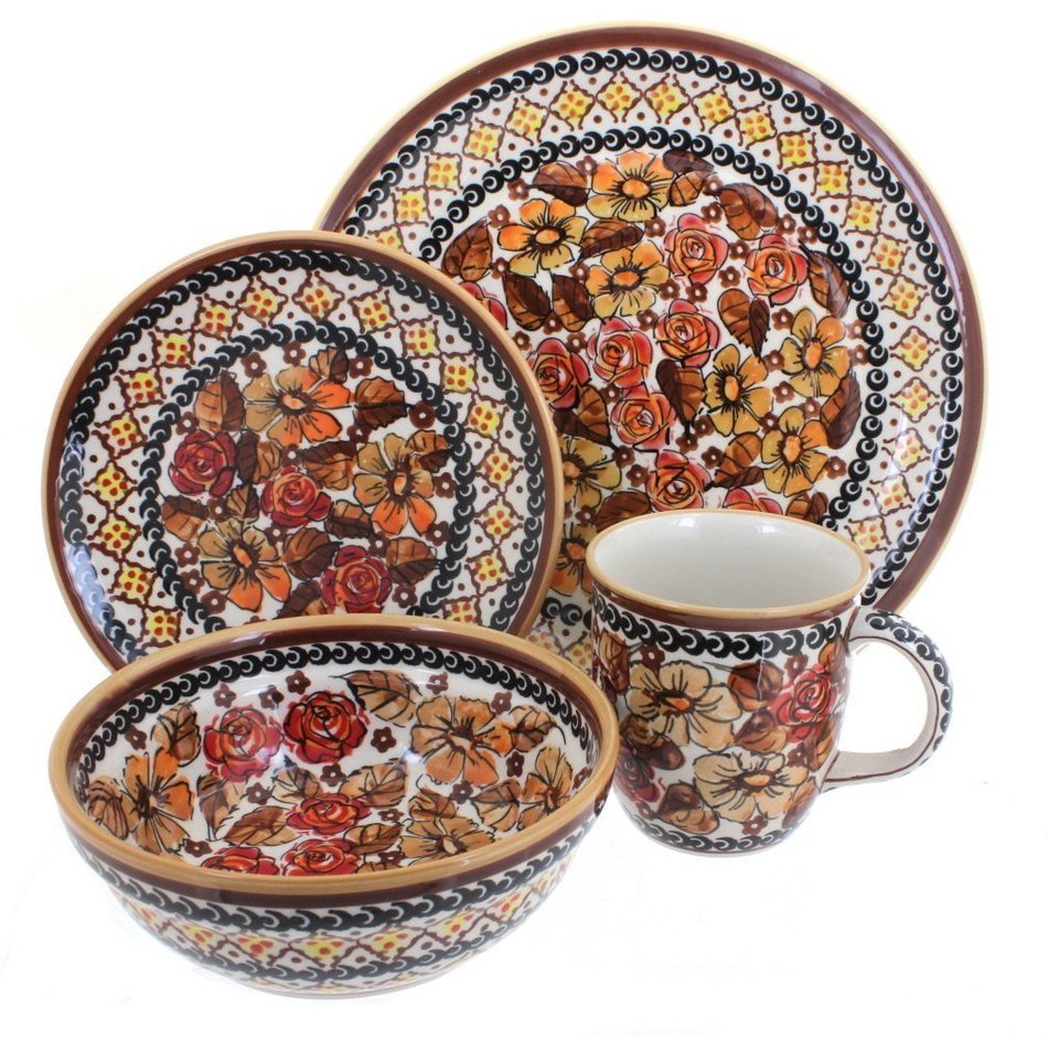 Polish Pottery Autumn Rose 4 Piece Dinner Set
