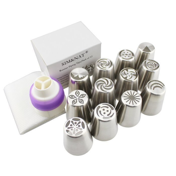 SIM&NAT Russian Piping Tips Nuzzle - 12 PCS Cake Flower Decorative Tips, with Triple Coupler and 10 Disposable...