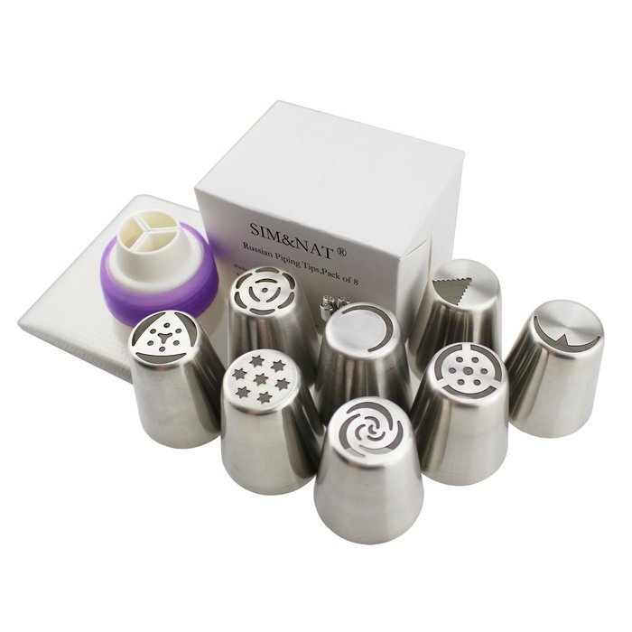 SIM&NAT Russian Piping Tips Nuzzle - 12 PCS Cake Flower Decorative Tips, with Triple Coupler and 10 Disposable... N5