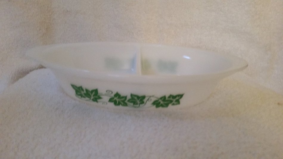 Vintage Glasbake Green Ivy Milk Glass Divided Casserole Dish J-239