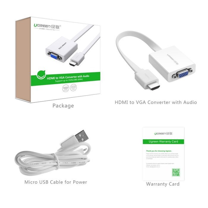 UGREEN Gold-Plated HDMI to VGA Video Converter with Micro-USB Power, Black N14