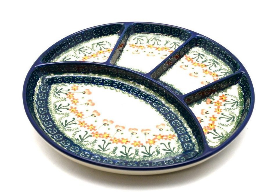 Polish Pottery Dish - Divided Appetizer - Peach Spring Daisy