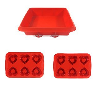 1 PCS Silicone Cake Pan (Red) + 2 PCS Silicone 6-cup Heart Shape Muffin Cake Mould (Red)