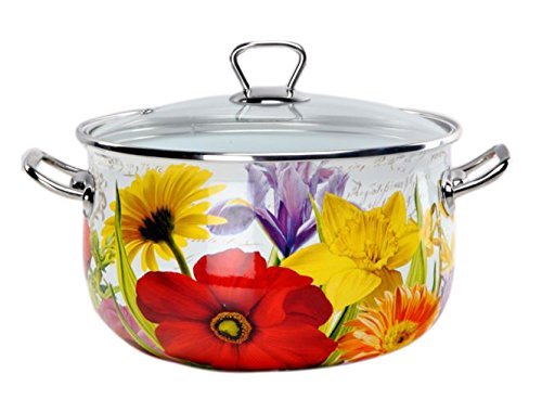 Europe Ware K15025/20 Enamel 4 quart Casserole Pan with Glass Lid and Decorative Design, Large, White/Multi