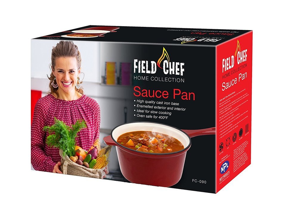 Field Chef Red Enameled Cast Iron Saucepan 3-Quart, Oven Safe 400 Deg, Slow Cook, Stew, One-Pot Meals, Rice, Pork... N3