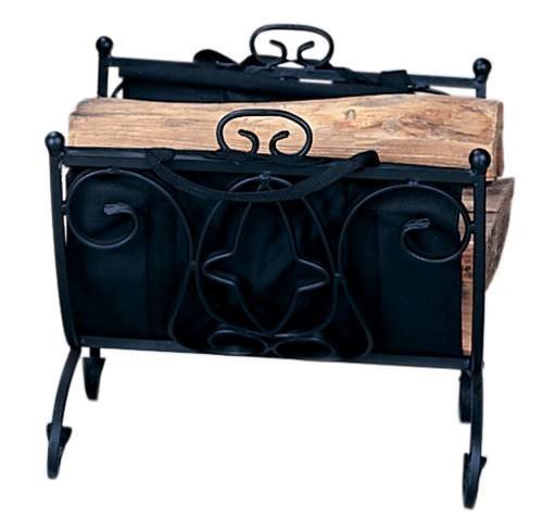 Wrought Iron Log Holder with Carrier & Black Finish