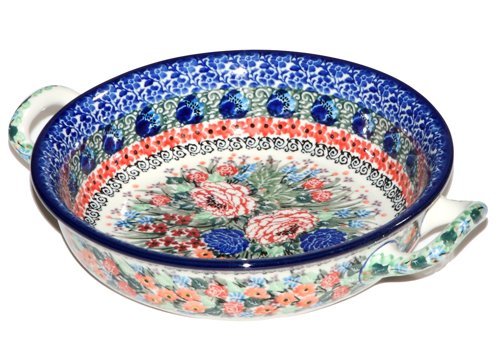 New Polish Pottery Unikat SMALL ROUND BAKER HANDLES Boleslawiec CA Pattern U3993