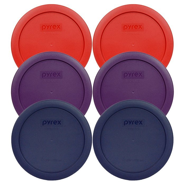 Pyrex 7201-PC Round 4 Cup Storage Container Lids for Glass Bowls (2-Poppy Red, 2-Purple, 2-Navy Blue)