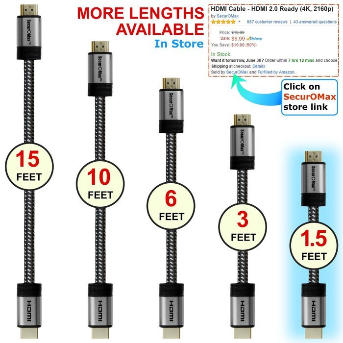 HDMI Cable 1.5 FT (2 Pack) - HDMI 2.0 (4K @ 60Hz) Ready - 30AWG Braided Cord - High Speed 18Gbps - Gold Plated... N3