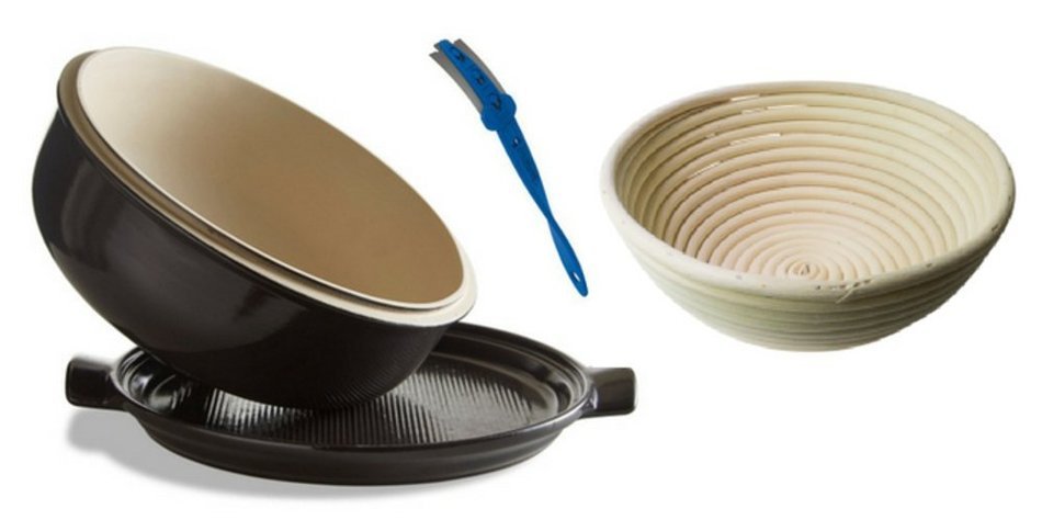 Emile Henry Ceramic Bread Cloche Charcoal, Mure Peyrot Boulange Lame, Banneton Proofing Basket Round 8 Inch Bundle