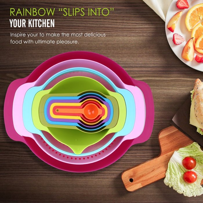 Nuovoware Mixing Bowls Set, Premium 10 PCS Colorful Plastic Versitile Mixing Bowls with Handles, Including Container... N9