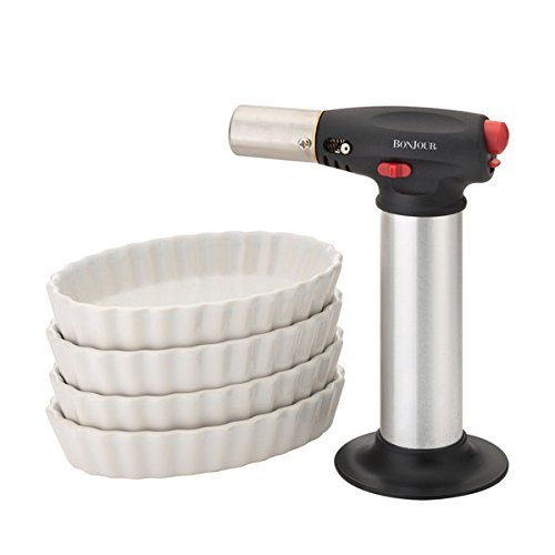 BonJour Chef's Tools Cr&egrave;me Br&ucirc;l&eacute;e Set - Chef's Creme Brulee Torch with 4 Oval Ramekins