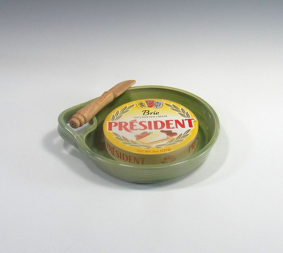 Brie Cheese Baker in Emerald Green Glaze with wooden knife and recipe N5