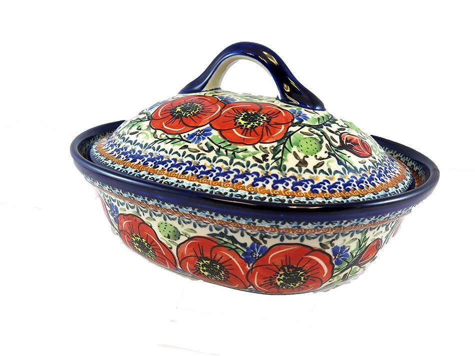 Polish Pottery Covered Casserole w/Hdls - 10 x 8 x 3"