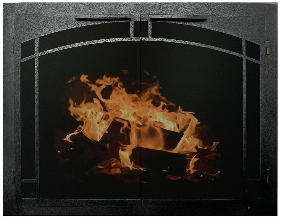 Ironhaus Fireplace Glass Door with Gate Mesh with 2 1/2" Frame In Textured Black Finish, Silhoutte Arch Artisan...