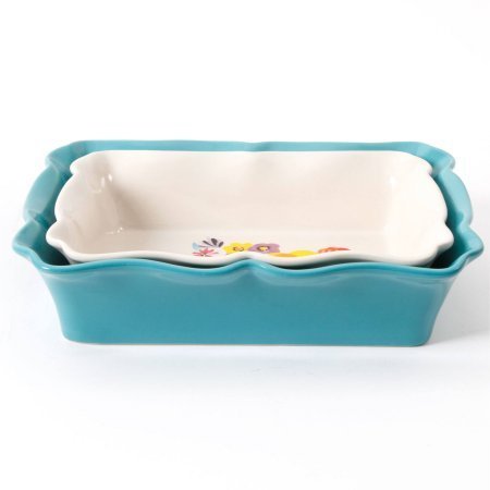 The Pioneer Woman Flea Market 2-Piece Decorated Rectangular Ruffle Top Ceramic Bakeware Set N4