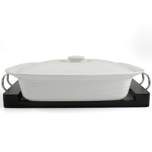 White Ceramic Rectangle Casserole Dish with Black Wood Tray 3 Quart