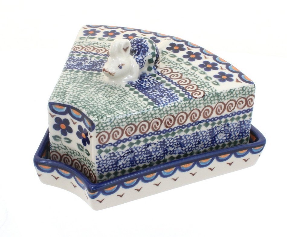 Polish Pottery Aztec Flower Cheese Dish with Mouse