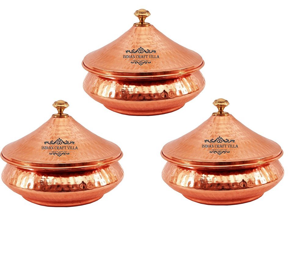 IndianCraftVilla 5.3" X 5.8" X 2.3" Handmade Steel Copper Set Of 3 Mughlai handi Volume 525 ML With Lid serving...