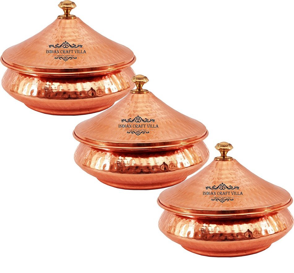 IndianCraftVilla 5.3" X 5.8" X 2.3" Handmade Steel Copper Set Of 3 Mughlai handi Volume 525 ML With Lid serving... N2