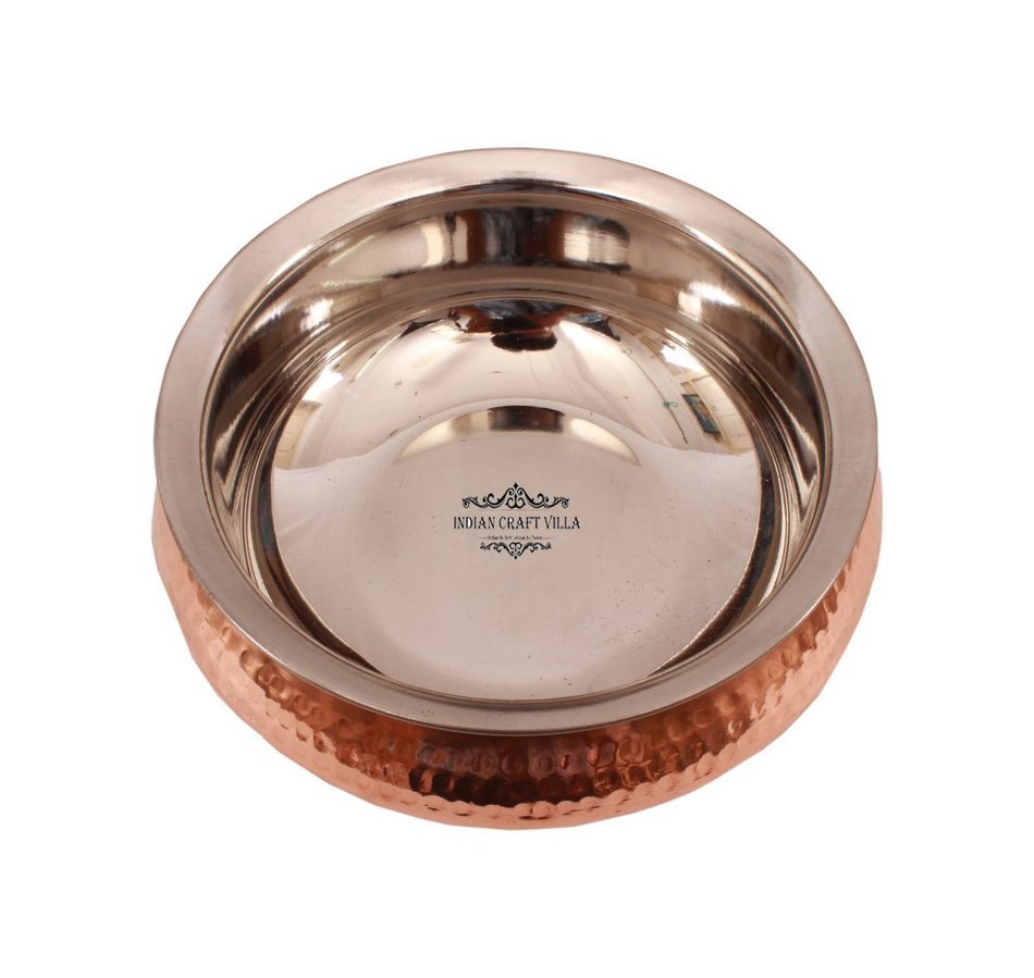 IndianCraftVilla 5.3" X 5.8" X 2.3" Handmade Steel Copper Set Of 3 Mughlai handi Volume 525 ML With Lid serving... N4