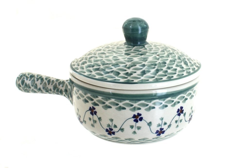 Polish Pottery Sage Floral Sauce Pot with Lid