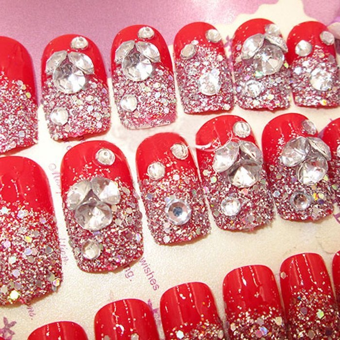 Spritech(TM) Fashion Women's 24 Pre Bling Paillette Diamond Design Fake Nail Piece Red